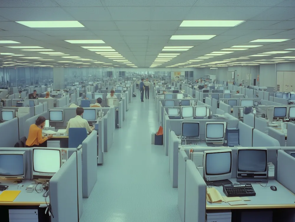 Retro office with rows of computer workstations symbolizing the evolution of property management technology
