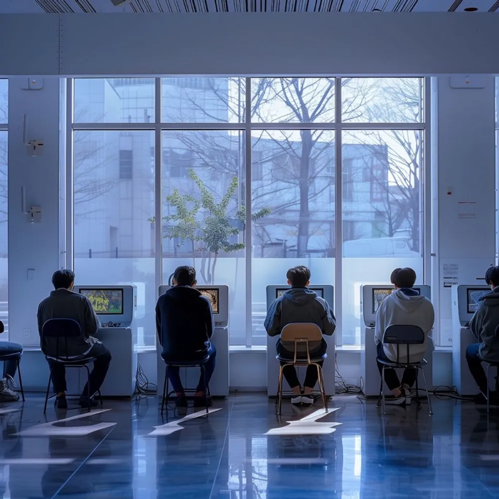 People working at computer terminals in a modern lobby space
