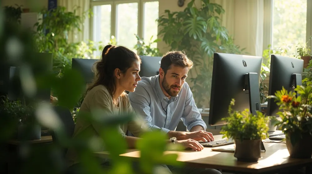 Two colleagues collaborating at computer screens in a modern office environment