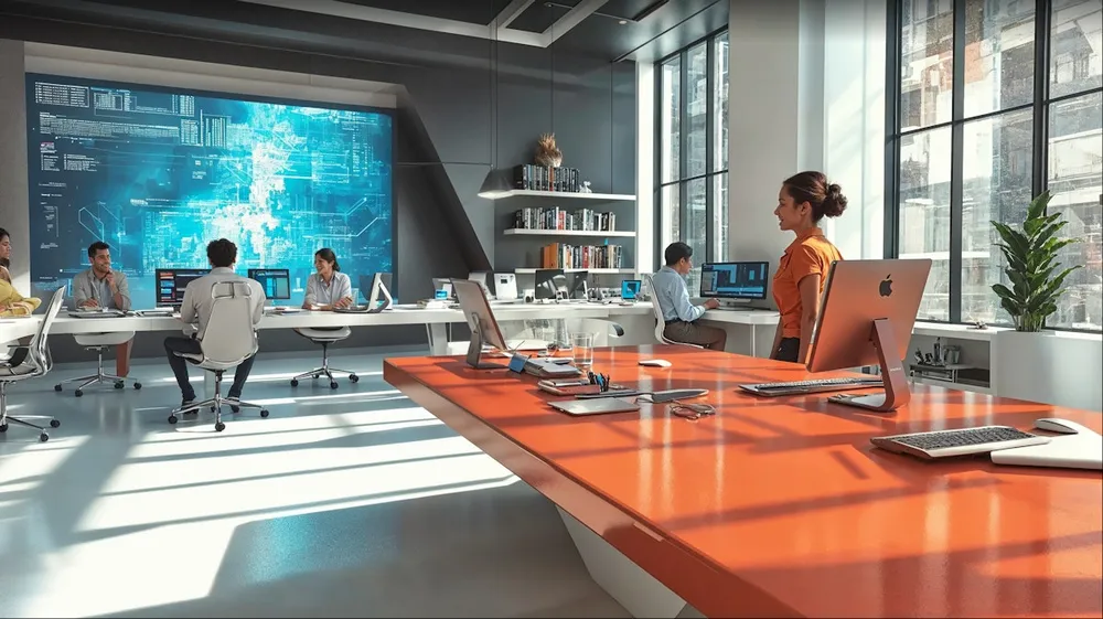 Modern technology workspace with team members and large data visualization display