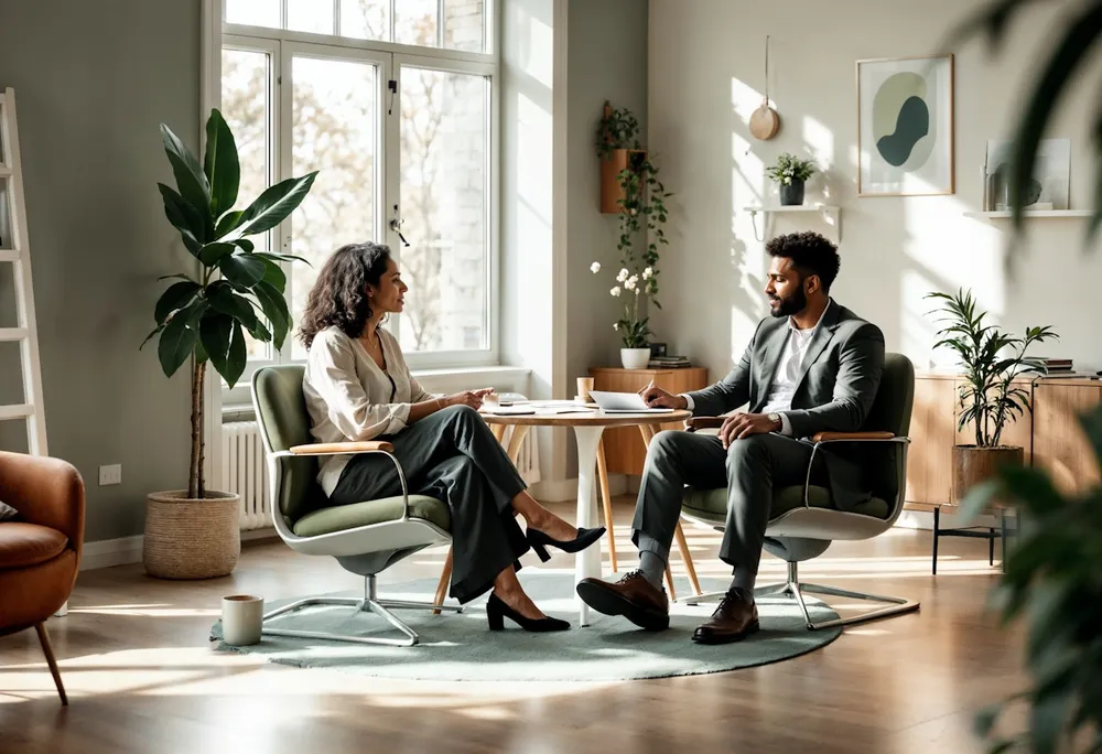 Two hospitality professionals having a business discussion in a well-designed interior