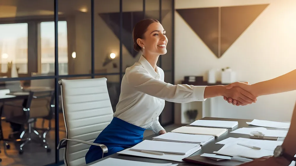 Professional greeting a guest with a handshake at a front desk