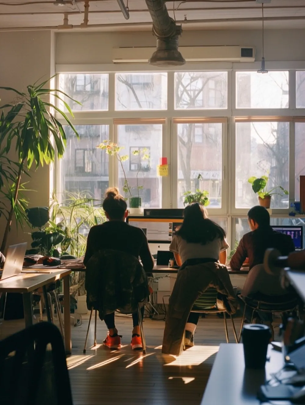 Team members working together at computers in a sunlit office with plants
